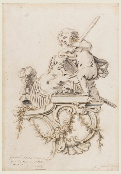 Design för ett skulpturerat fäste med Putto tillsammans med krigets attribut, för Grand Trianon, Versailles av François de Cuvilliés the younger