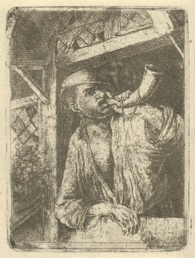 Baker blåser i ett horn av François de Maleck