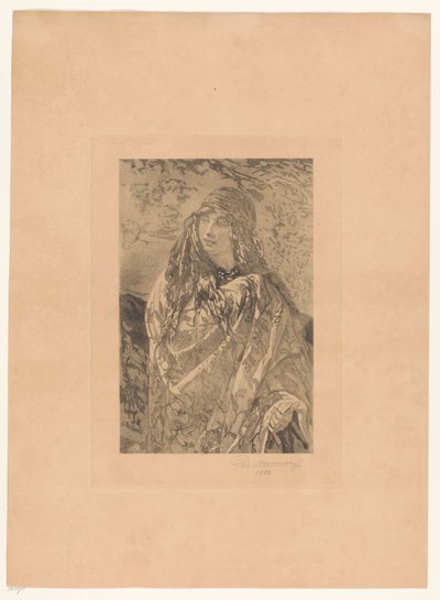 Ung kvinna med blommig sjal av François de Meersman (signed by artist)