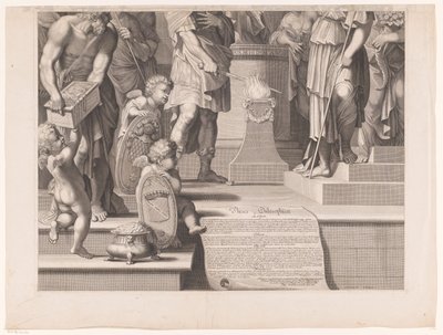 Mars sätter sitt svärd i lågorna framför ett tempel (nedre delen) av François de Poilly (I)
