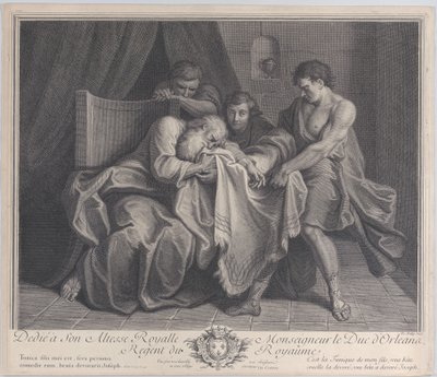 Jakob gråter i sin sons dräkt medan hans andra söner drar bort den från honom, 1724. av François de Poilly