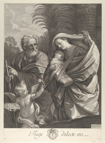 Flygningen till Egypten, den heliga familjen som går tillsammans, Saint Joseph pekar på t..., ca. 1648-81. av François de Poilly