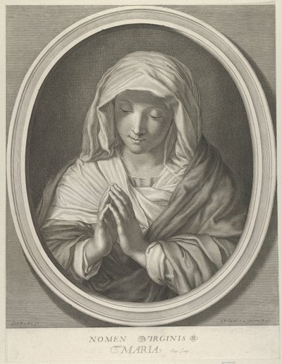 Jungfrun i bön tittar ner, i oval ram, efter Reni, 1640-93. av François de Poilly
