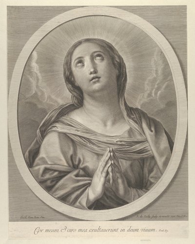 Jungfrun i bön, tittar upp med moln bakom sig, i en oval ram, efter Reni, ..., 1648-81. av François de Poilly