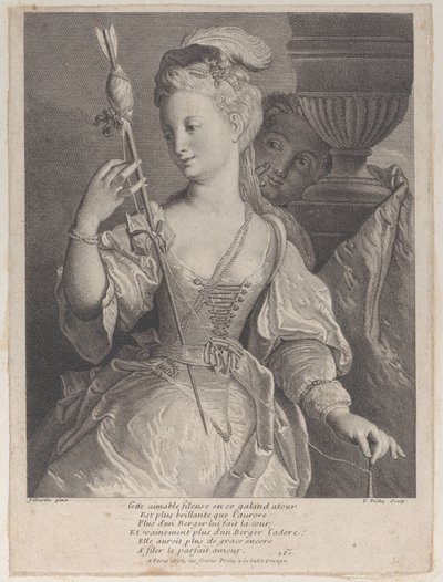 Ung kvinna spinner tråd för en pil, 1686-1741. av François de Poilly