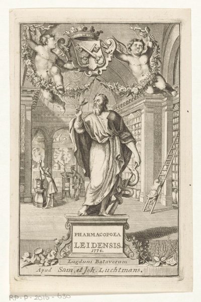 Asclepius Titelpagina voor: S.n., Pharmacopoeia Leiden, upprättad av de största magistraternas myndighet, 1770 av François van Bleyswijck