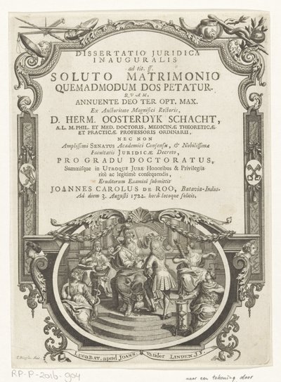 Minerva lauwert schrijver Titelsida för: Johannes Carolus de Roo, Dissertatio juridica inauguralis, ad tit. ff. efter ett upplöst äktenskap, hur hemgift begärs, 1722 av François van Bleyswijck