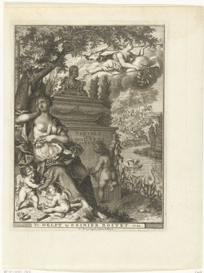 Muse och putti sitter vid poeten Arnold Moonens grav Titelsida för: Arnold Moonen, Continued der poëzye, Delft 1720 Fortsättning av A. Moonens Poezy (titel på objekt) av François van Bleyswijck