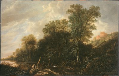 Trädbevuxet landskap med badande kvinnor av François van Knibbergen