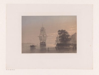 Segelfartyg vid en kaj i solnedgången av Frans Arnold Breuhaus de Groot