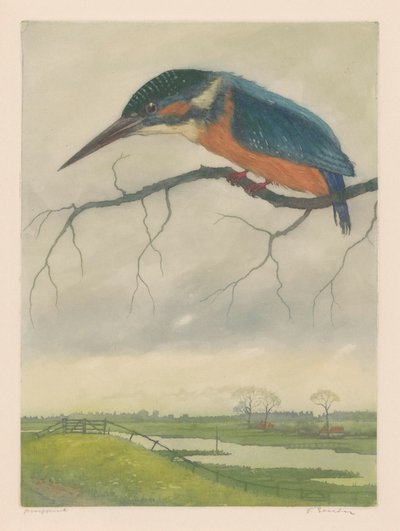 Kungsfiskare på en gren i ett ängslandskap av Frans Everbag (signed by artist)