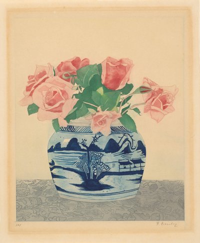 Rosa rosor i en ingefäraburk med kinesiska dekorationer av Frans Everbag (signed by artist)