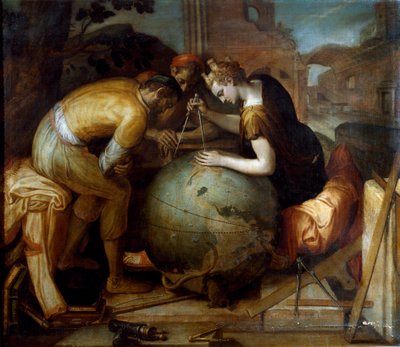 Geometri. Allegori och personifiering av geometri som håller en comppas ovanför en jordglob. Olika geometriska instrument är arrangerade i förgrunden. Målning av Frans Floris (1515-1570). flamländsk konst. Privat samling, Genes. av Frans Floris