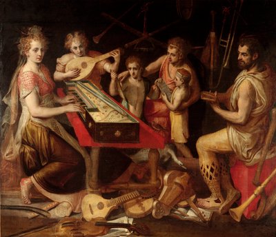 Musikkaraktärer vetus har den gamla omgivningen av musikinstrument som utgör en allegori. Målning av Frans Floris (1515-1570) 1500-talsgener, privat samling av Frans Floris