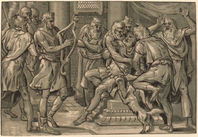David spelar harpan före Saul av Frans Floris I