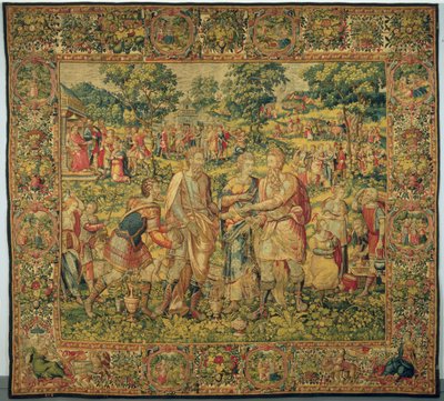 Kung Abimelech återställer Sara till sin man, Abraham, 1580 (väv av gobeläng, ull och siden) av Frans Geubels