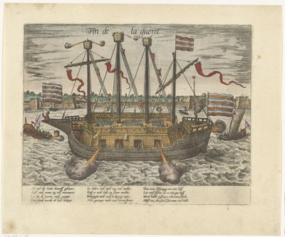 Skeppet Fin de la guerre, 1585 Fin de la guerre (titel på objekt) Serie 9: Holländska och tyska händelser, 1583-1587 (serietitel) av Frans Hogenberg