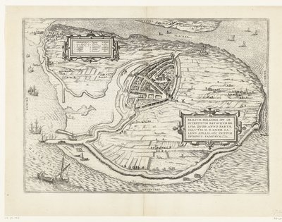 Karta för eiland Voorne en plattegrond van Brielle, 1572 Brillium, Holland op. på grund av det inbördes holländska kriget, som året för segern för frälsningen 72 e.Kr. i aprilhettan började han här, berömd (titel på objekt) av Frans Hogenberg