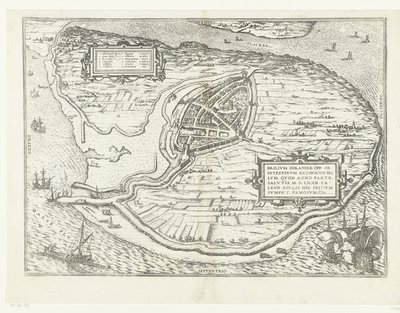 Karta för eiland Voorne en plattegrond van Brielle, 1572 Brillium, Holland op. på grund av det inbördes holländska kriget, som året för segern för frälsningen 72 e.Kr. i aprilhettan började han här, berömd (titel på objektet) av Frans Hogenberg