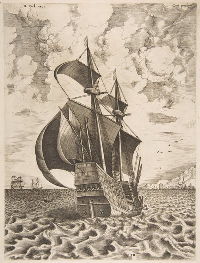 Beväpnad fyrmästare seglar mot en hamn från segelfartygen, 1561-65. av Frans Huys