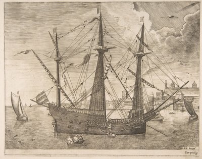 Beväpnad tremästare ankrade nära en stad från segelfartygen, ca. 1555-56. av Frans Huys