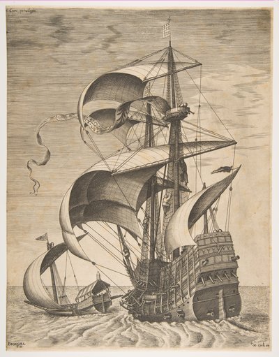 Beväpnad tremästare på öppet hav tillsammans med ett kök, från serien Sailing Ves..., 1561-65. av Frans Huys