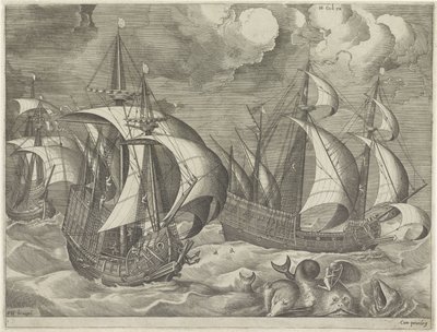 Tre krigsskepp, i förgrunden Arion på en delfin Segelfartyg (serietitel) av Frans Huys