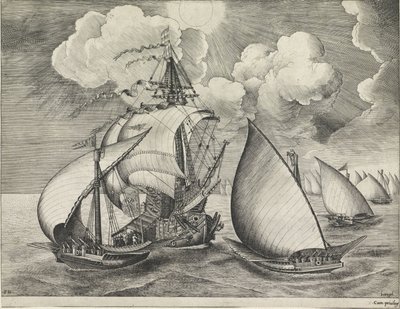 En flotta av beväpnade galärer åtföljda av ett krigsskepp Segelfartyg (serietitel) av Frans Huys
