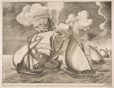 Galärflotta eskorterad av en karavel från segelfartygen, 1561-65. av Frans Huys