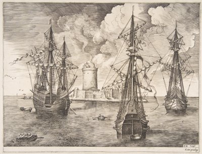 Fyrmästare och två tremästare ankrade nära en befäst ö från The Sailing Ves..., 1561-65. av Frans Huys