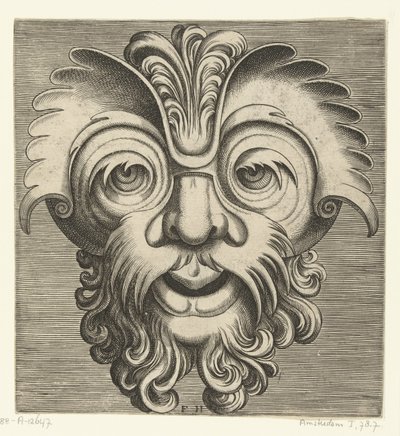 Mask med skägg och mustasch med lockar, en tofs lockar vilar på näsroten Pourtraicture ingenieuse de plusieurs facons de masques... (serietitel) av Frans Huys