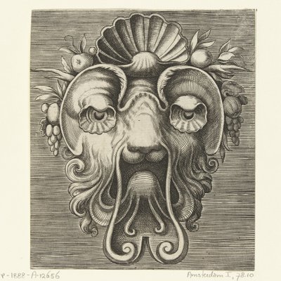 Mask med skalformade ögon och ett skal mellan fruktklasar i pannan Pourtraicture ingenieuse de plusieurs facons de masques... (serietitel) av Frans Huys
