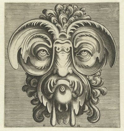 Mask med fat runt ögonen och en tofs lockar på huvudet Pourtraicture ingenieuse de plusieurs facons de masques... (serietitel) av Frans Huys