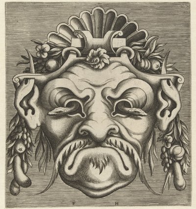 Mask med två ormar som tittar ut ur ögonhålorna Pourtraicture geniala de plusieurs facons de masques... (serietitel) av Frans Huys