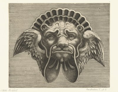 Mask med vingar istället för öron och en huvudbonad i form av ett skal Pourtraicture ingenieuse de plusieurs facons de masques... (serietitel) av Frans Huys