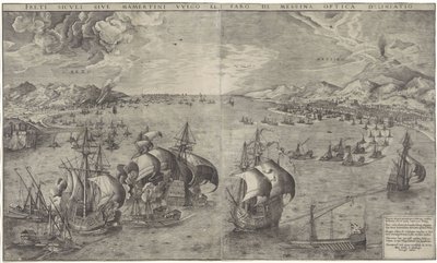 Zeeslag i Straat van Messina Optisk teckning av de sicilianska kusterna eller Mamertine vulgo och Messinas fyr (titel på objektet) av Frans Huys