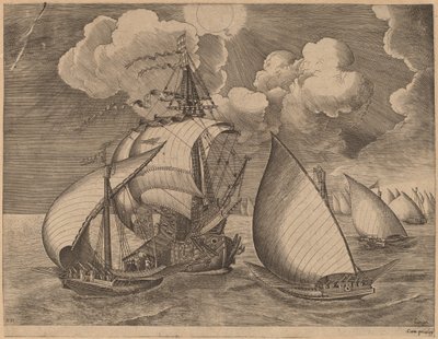 En flotta av galärer eskorterad av en karavell av Frans Huys after Pieter Bruegel the Elder