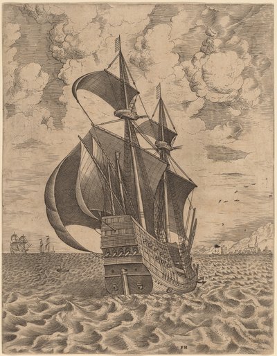 Beväpnad fyrmästare seglar mot en hamn av Frans Huys after Pieter Bruegel the Elder