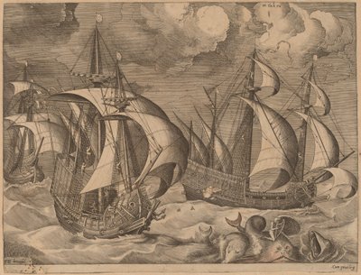Tre karaveller i ett stigande regn med Adrion på en delfin av Frans Huys after Pieter Bruegel the Elder