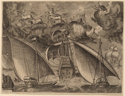 Två galärer bakom en beväpnad tremästare med Phaethon och Jupiter i himlen av Frans Huys after Pieter Bruegel the Elder