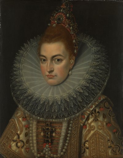 Porträtt av ärkehertiginnan Isabella Clara Eugenia (1566-1633, Infanta av Spanien, ca 1600 (olja på koppar) av Frans II (studio of) Pourbus