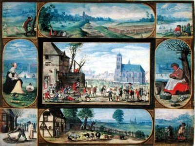 Sammansatt av tio allegoriska scener av livet i staden och på landet (gouache med inslag av guld på veläng) av Frans II the Younger Francken