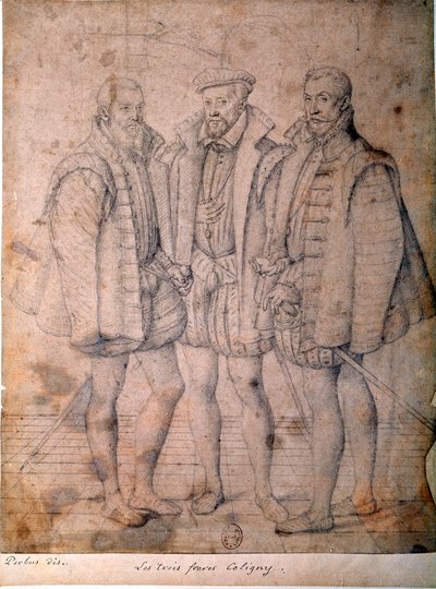 Porträtt av de tre Coligny: kardinal Odet (1515-1571), Gaspard (1517-1572), amiral av Frankrike och Francois (1521-1569), herre av Andelot. Teckning tillskriven Frans (Francois (Franz) Pourbus l