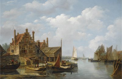 Vy över en by vid en flod av Frans Jacobus van den Blijk
