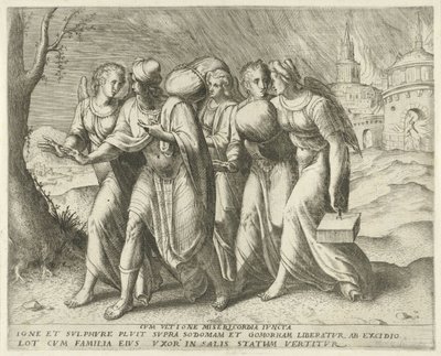 Lot lämnar Sodom Med hämnd förenad med barmhärtighet (titel på föremål) Geschiedenis van Lot (serietitel) av Frans Menton