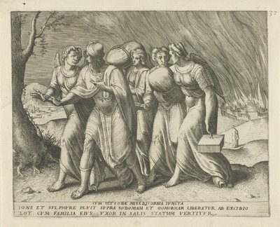 Lot lämnar Sodom Med hämnd förenad med barmhärtighet (titel på föremål) Geschiedenis van Lot (serietitel) av Frans Menton