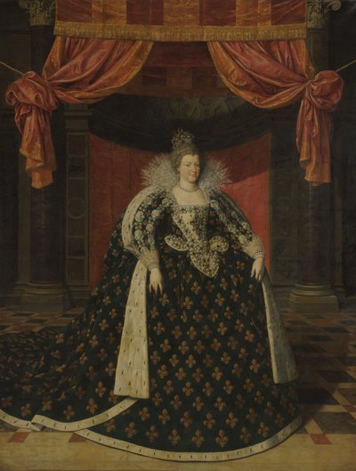 Porträtt av Marie de Médicis (1575-1642), Frankrikes drottning, i statsdräkt av Frans Pourbus (II) (workshop of)