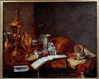 Stilleben med konstföremål (kopparbägare, silver, lut) Målning av Franz (Frans) Ryckhals (1600-1647) 1600-talet Dunkerque, Musee des Beaux Arts av Frans Ryckhals