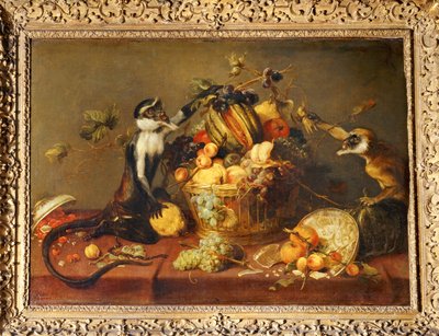 Två apor som plundrar en fruktkorg... av Frans Snyders