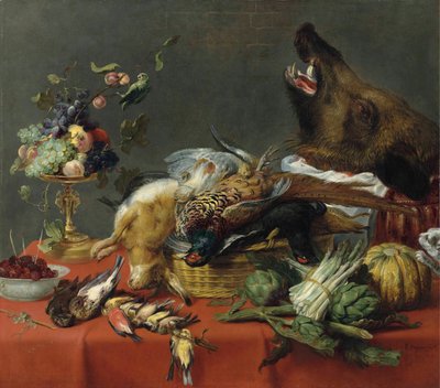 Draperat bord fyllt med vilt, frukt, grönsaker och ett vildsvinshuvud av Frans Snyders